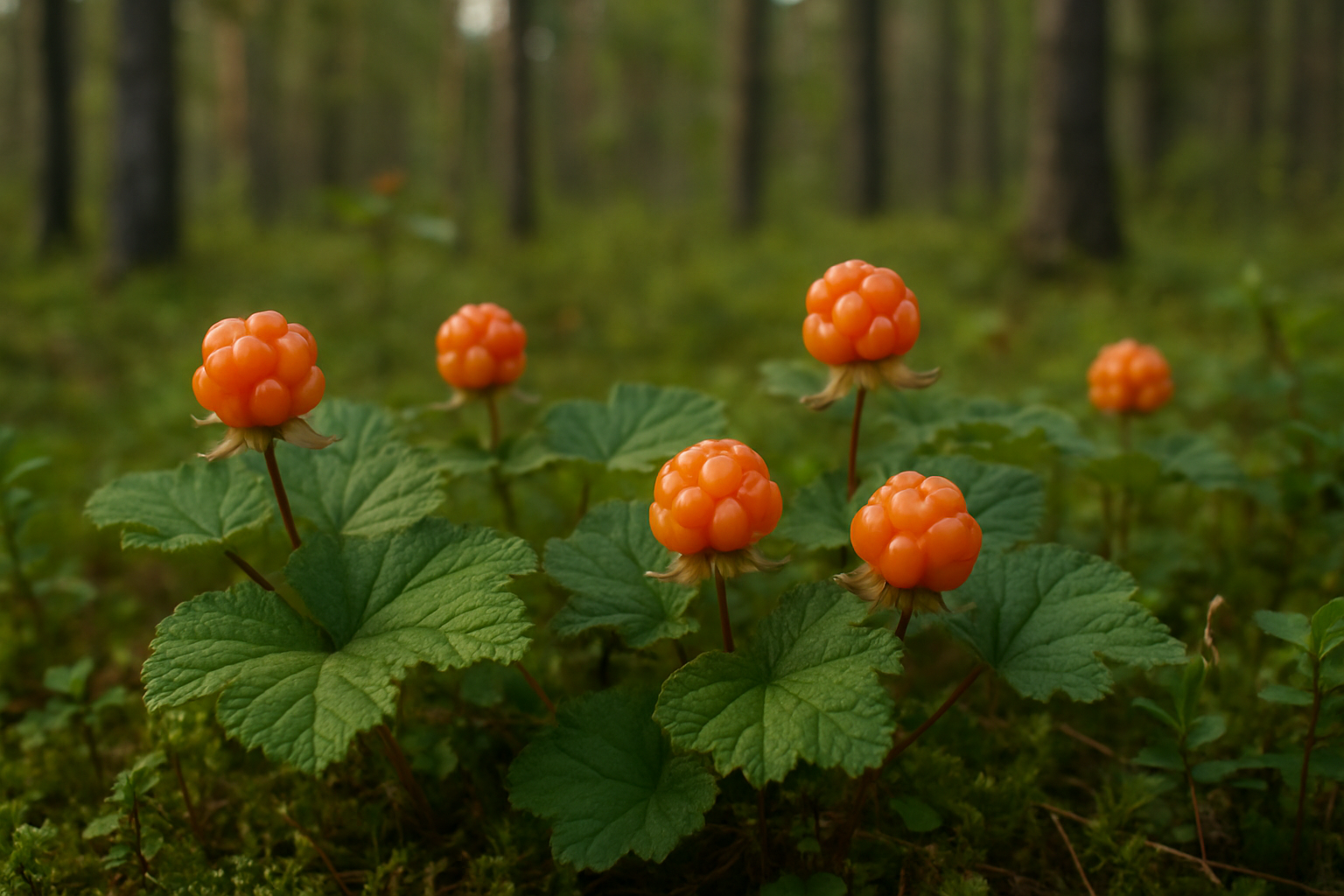 Спелая настоящая северная морошка в лесу: ягоды морошки растут на болотном мху среди зелёных листьев и травы. Натуральная дикая морошка, северная ягода для варенья, джемов, соусов и натуральных продуктов из морошки